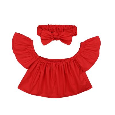 Betadog Girls Short Sleeve Shirt Toddler Kids Baby Off Shoulder Top Casual Solid Color One Line (Red, 2-3 Years)