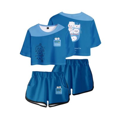 ISaikoy 2 Piece Outfits Anime Chiikawa Short Sleeve Crop Top and Short Pants Sets Hachiware T-Shirt