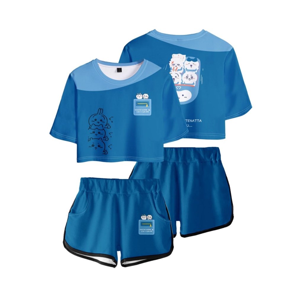 ISaikoy 2 Piece Outfits Anime Chiikawa Short Sleeve Crop Top and Short Pants Sets Hachiware T-Shirt
