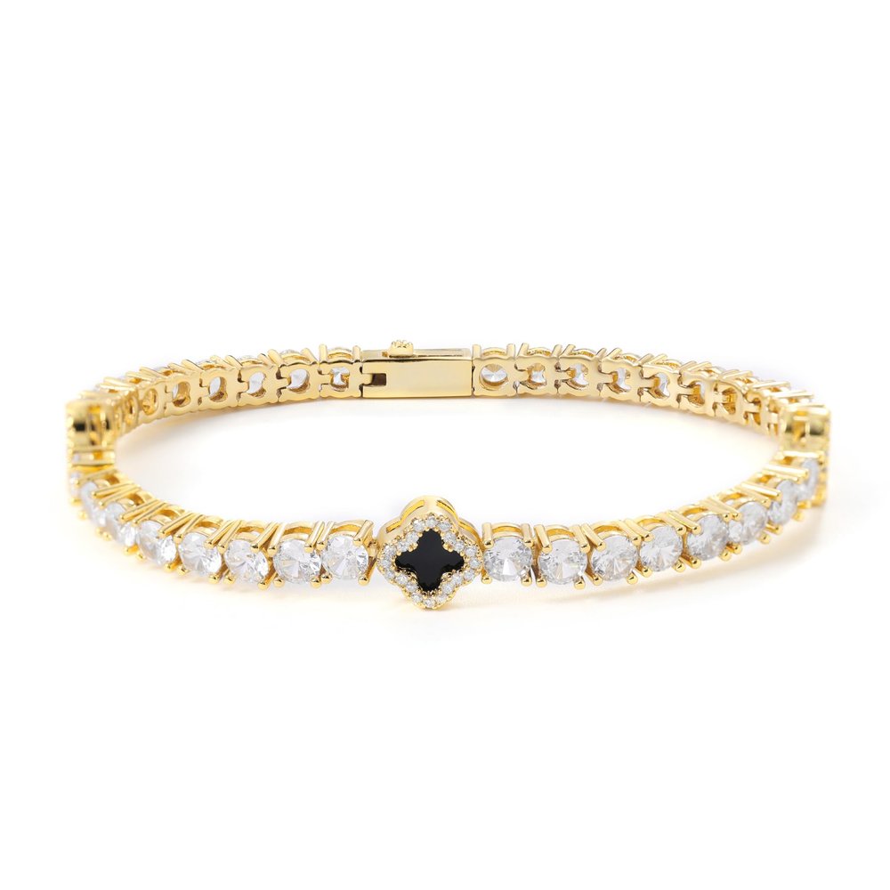 LuxeFlex 4mm Iced Out Clover Tennis Bracelet, White Gold Plated with 5A Zircon Stones, Handmade exquisite Hip Hop Jewelry, Perfect Unisex Gift (Gold, 8)