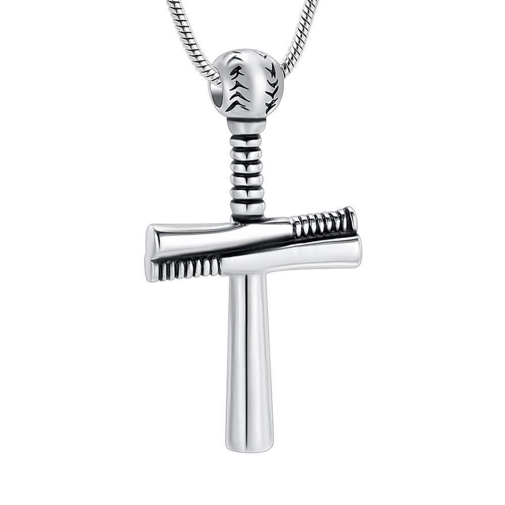 AIWENXI Sport Cross Memorial Cremation Jewelry Baseball Bat Cross Urns Necklaces Pendant Retro Style Stainless Steel Human Ash Pendant Necklaces Jewelry Locket for Men Women
