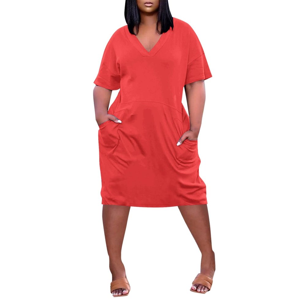 Plus Size Dresses for Curvy Women Oversize T Shirt Midi Dress Loose Short Sleeve V Neck Beach Dress Casual Tshirt Dress Elegant Trendy Lounge Athletic Dress Womens Comfy Party Dress Plus Size Dress