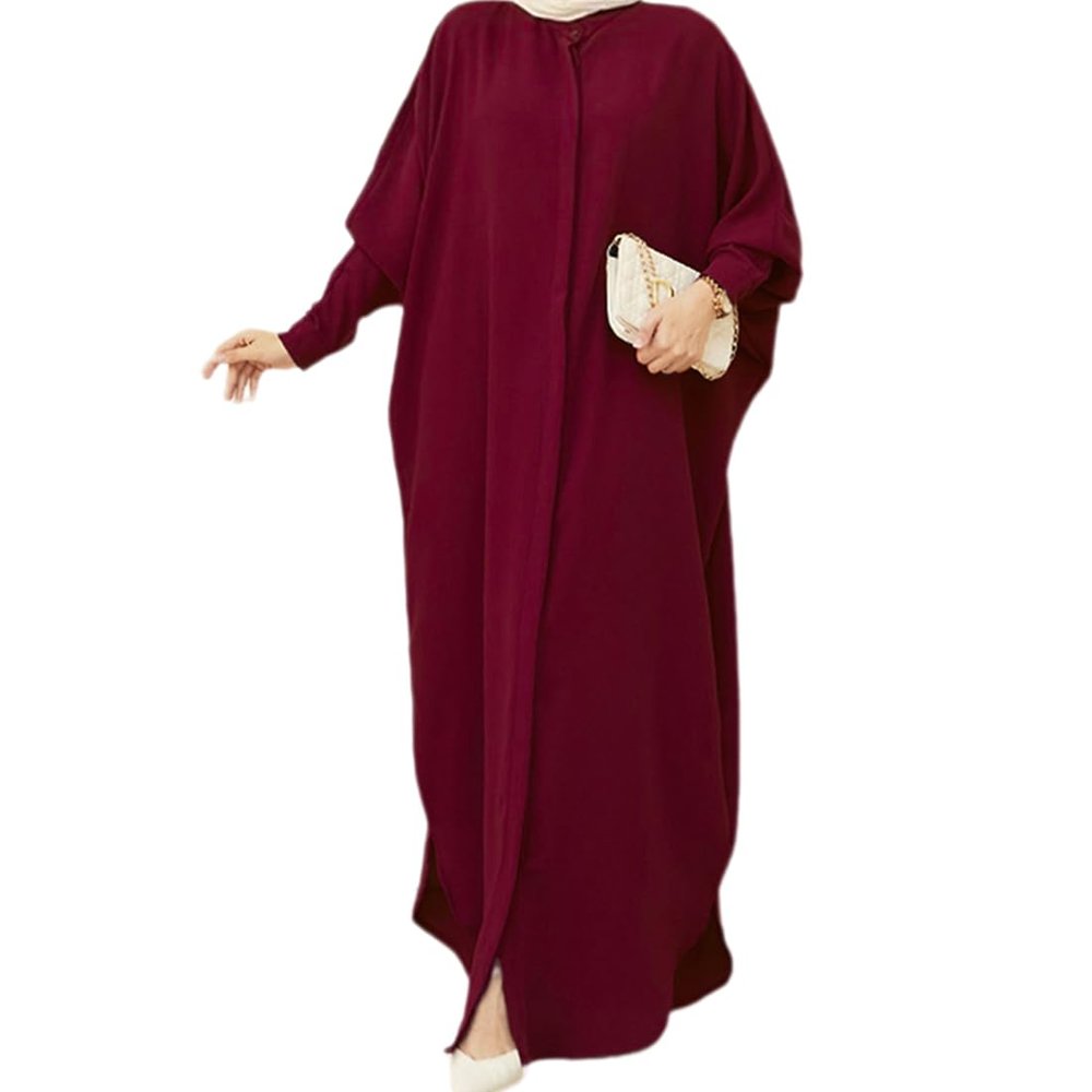 ABEHIK Women Abayas Dress Full Cover Dubai Kaftan Muslim Batwing Sleeve Prayer Long Maxi Dresses Middle East Pakistani Casual Dress Ramadan Islamic Clothes Wine Red One Size