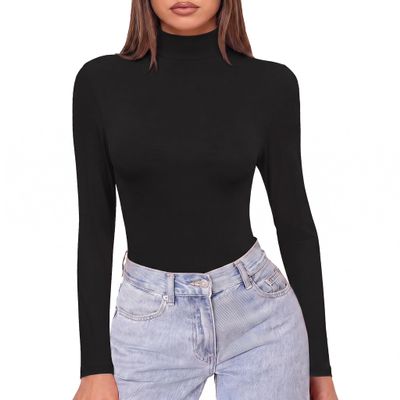 Ekouaer Women's Turtleneck Shirts Long Sleeve Soft Lightweight Fitted Mock Thermal Base Layer Tops Black L