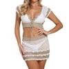 2 Piece Crochet Cover Up for Women Sexy Deep V Backless Crop Top Hollow Out Skirt Set Beach Swimsuit Bikini Coverups White view 1