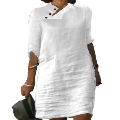 Akivide Womens Cotton Linen Half Sleeve Midi Dress with Pockets 2025 Stand Collar Button Knee Length Loose Linen Shift Dress