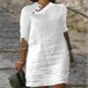 Akivide Womens Cotton Linen Half Sleeve Midi Dress with Pockets 2025 Stand Collar Button Knee Length Loose Linen Shift Dress view 2