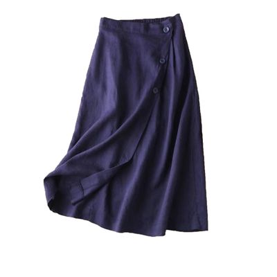 NineFit Basics Women's Cotton Linen Front Button A-Line Skirt Casual High Waist Flared Pleated Skirt Vintage Swing Midi Skirt (Large,Dark Blue)