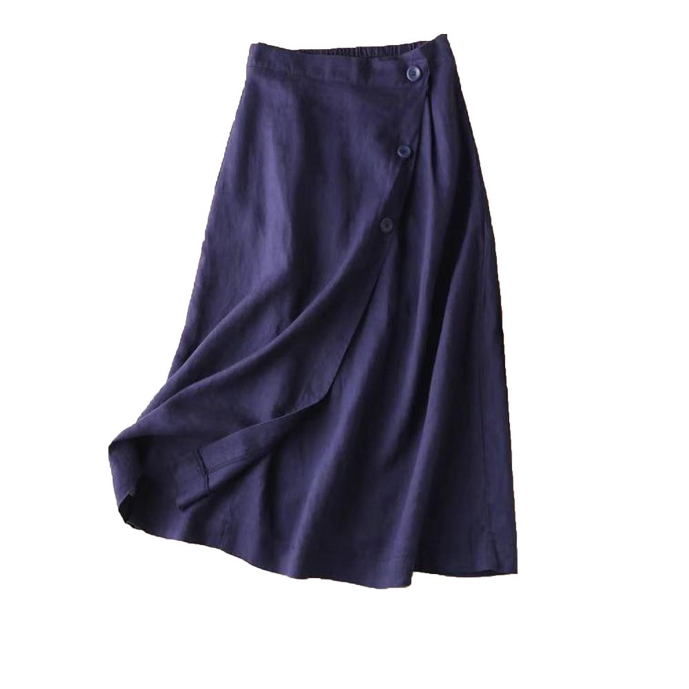NineFit Basics Women's Cotton Linen Front Button A-Line Skirt Casual High Waist Flared Pleated Skirt Vintage Swing Midi Skirt (Large,Dark Blue)