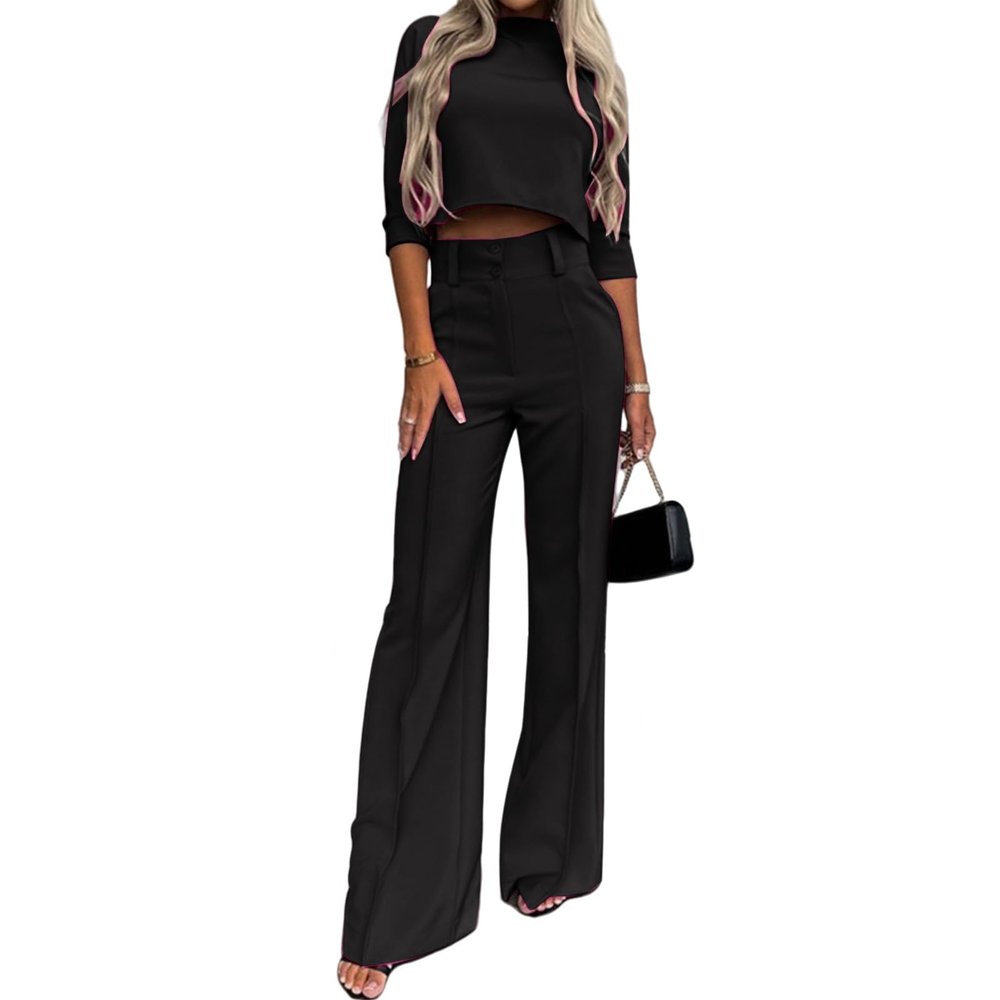 KAJXZ Casual Suits for Women,Womens Top Trousers Set Women Commuting Sets,Women's 2-piece Suit Wide-leg Pants Crop Top Set