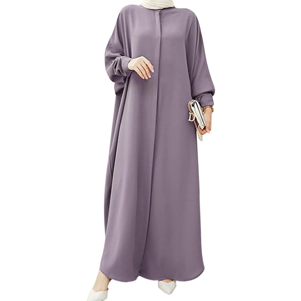 ABEHIK Muslim Dress for Women Abayas Dress Long Sleeve Pakistani Ramadan Kaftan Robe Full Cover Arabic Islamic Prayer Clothes Dubai Outfits Middle East Maxi Abaya Dresses Purple One Size