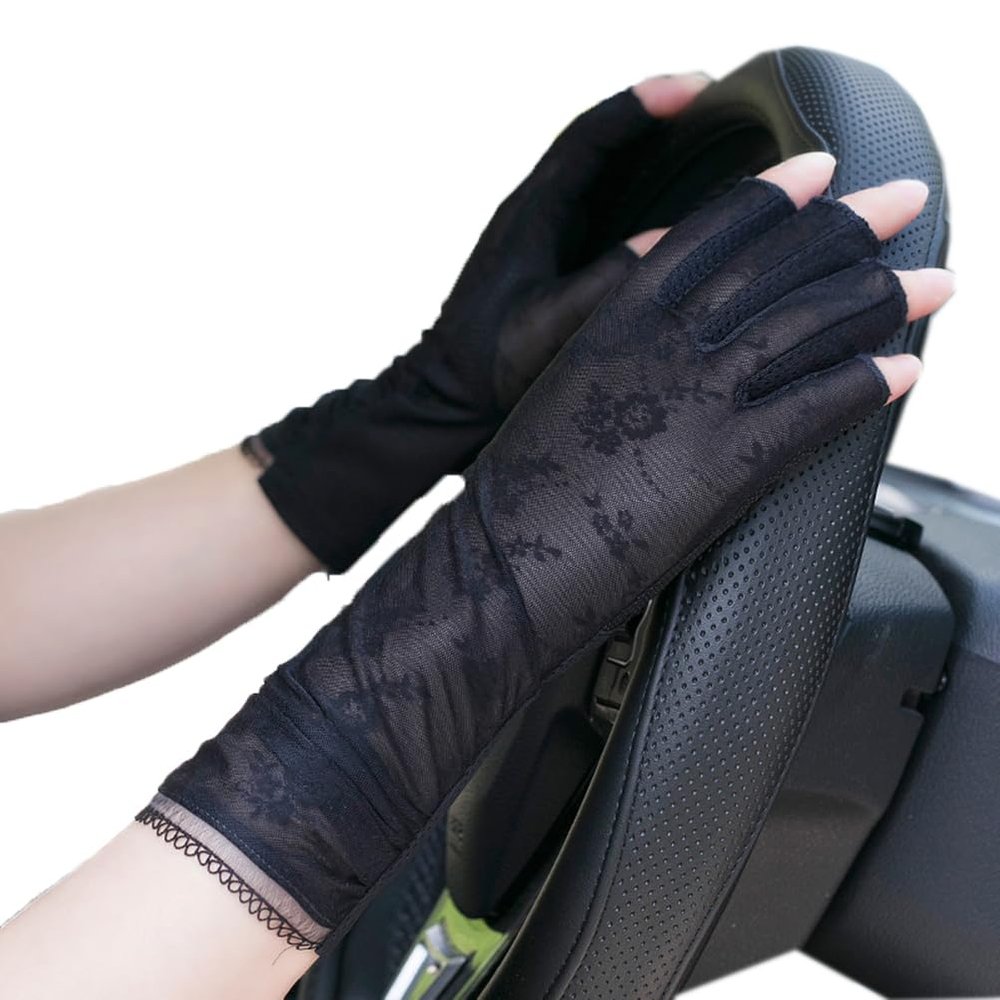 Flush of Dawn Ice Silk Fingerless Sun Gloves for Women UV Protection Antiskid Driving Gloves Summer Cycling Riding Sunblock Gloves (Black)