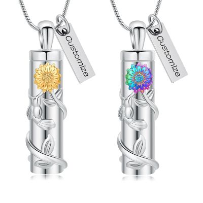AIWENXI Cylinder Urn Necklace for Ashes Hummingbird Cremation Jewelry Sunflower Urn Ashes Necklace for Women Men Vial Memorial Keepsake Necklace of Loved One (Customize)