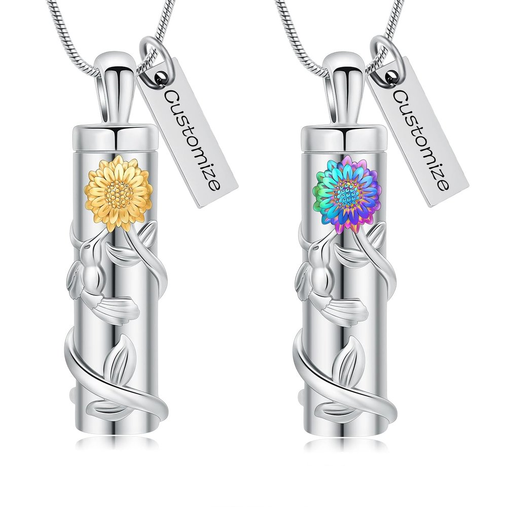 AIWENXI Cylinder Urn Necklace for Ashes Hummingbird Cremation Jewelry Sunflower Urn Ashes Necklace for Women Men Vial Memorial Keepsake Necklace of Loved One (Customize)