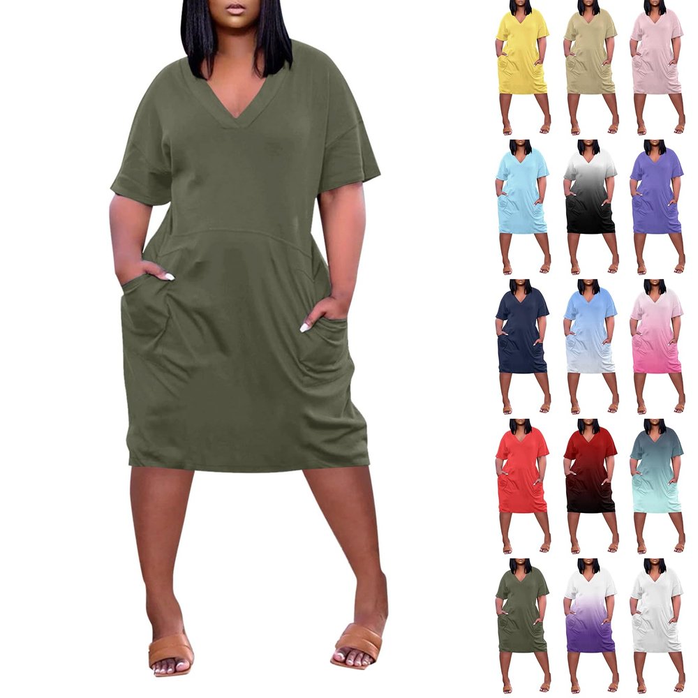 Plus Size Dresses for Curvy Women Oversize T Shirt Midi Dress Loose Short Sleeve V Neck Beach Dress Casual Tshirt Dress Lounge Elegant Trendy Summer Dress Womens Comfy Going Out Dress Maternity Dress