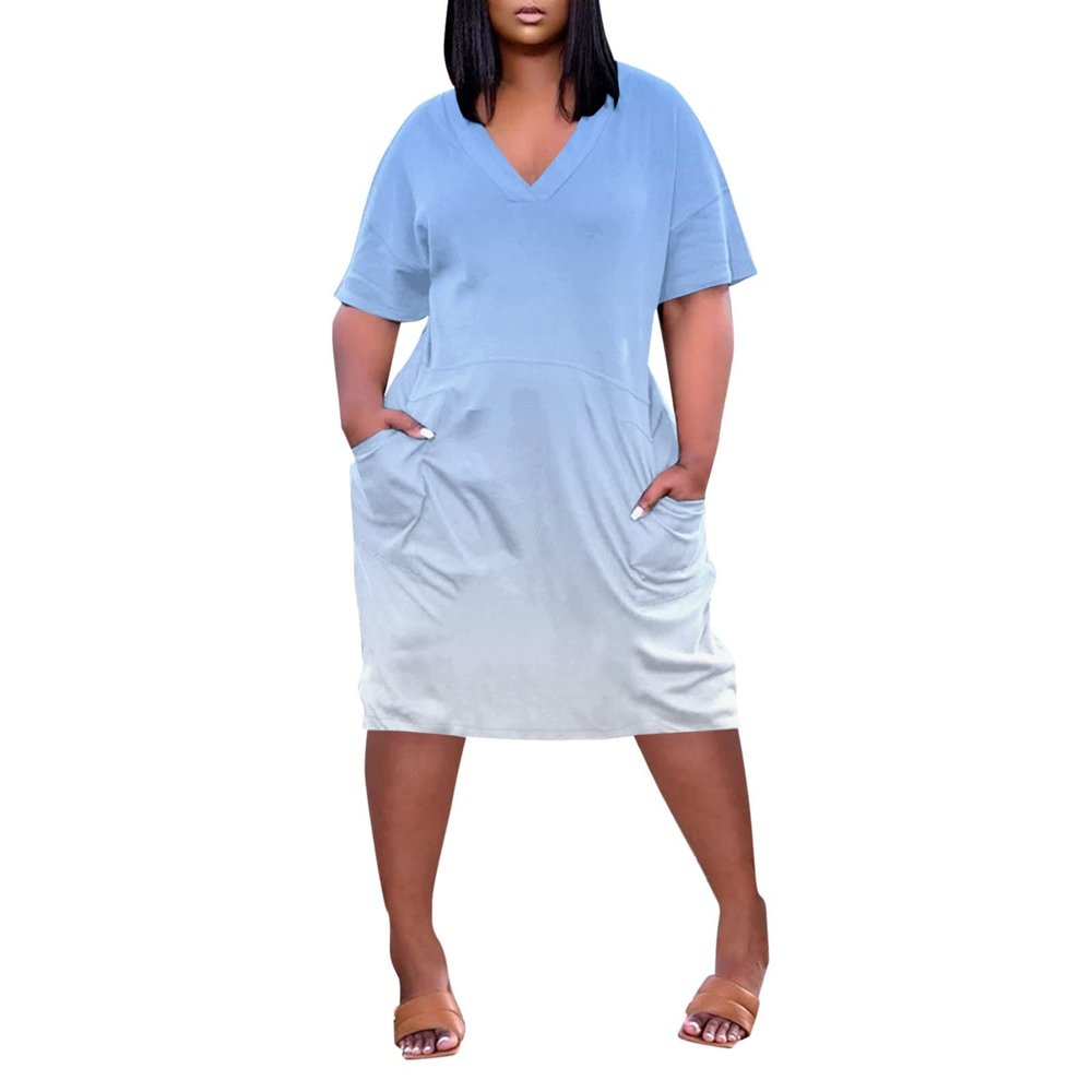 Plus Size Dresses for Curvy Women Oversize T Shirt Midi Dress Loose Short Sleeve V Neck Beach Dress Casual Tshirt Dress Trendy Lounge Elegant Casual Dresses Womens Comfy Party Dress Plus Size Dresses