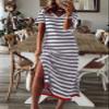 Dokotoo Casual Dresses Short Sleeve V Neck Resort Wear Striped Split Maxi Dresses for Women Summer Spring Cruise Outfits 2026 Fashion Beach Vacation Clothes for Women Dark Grey view 2