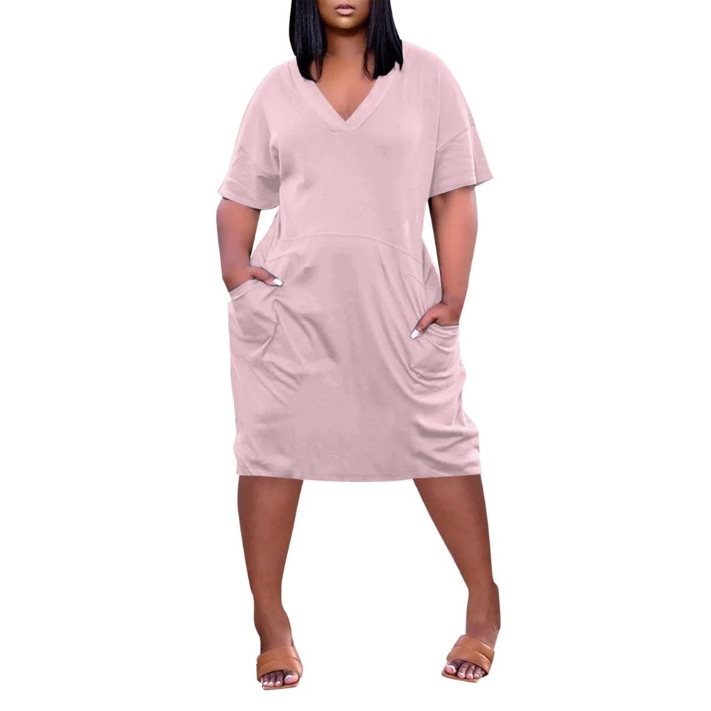 Plus Size Dresses for Curvy Women Oversize T Shirt Midi Dress Loose Short Sleeve V Neck Beach Dress Casual Tshirt Dress Trendy Lounge Elegant Spring Dresses Womens Comfy Party Dress Maternity Dress