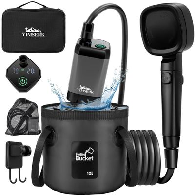 7800mAh Portable Shower for Camping, Rechargeable Outdoor Shower Kit with 12L Foldable Bucket, Handbag, Filtered Shower Head, IPX7 Waterproof Shower Pump for Camp, Hiking, Car Washing, Pet Bath