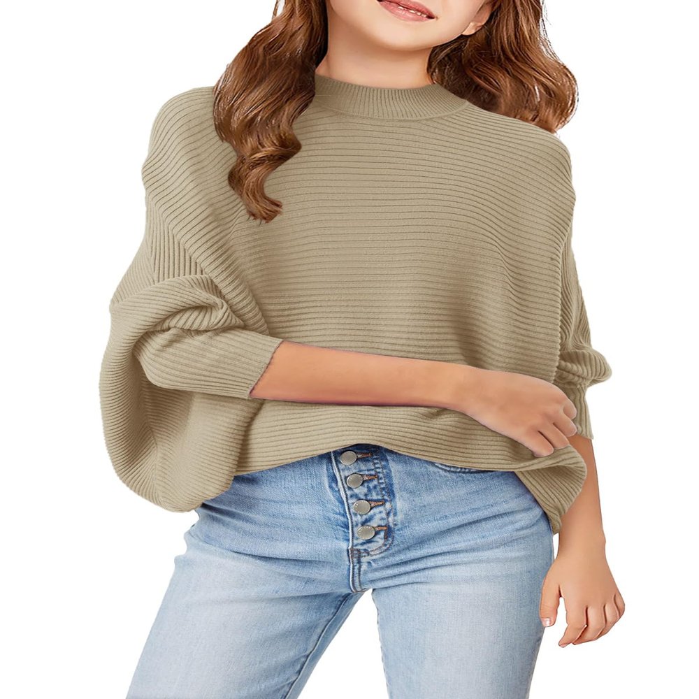 Girls Oversized Sweater Kids Fashion Batwing Sleeve Ribbed Knit Pullover Tops 5-14 Years Khaki