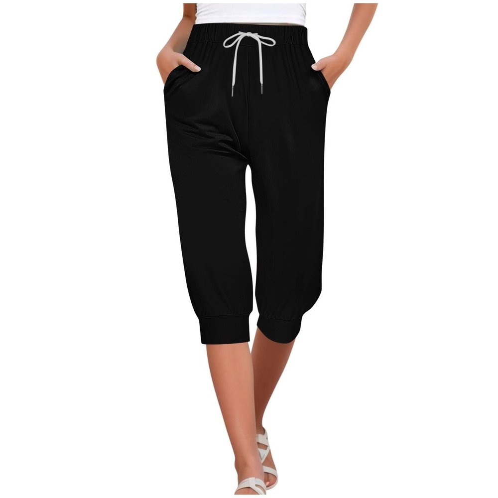 Womens Yoga Capris 2024 Casual Cropped Jogger Running Pants Lightweight Workout Outdoor Athletic Track Travel Lounge Pants Black