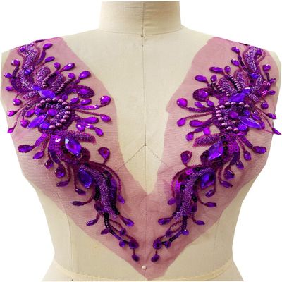 HangFuture Multicolour Heavy-Beading Hand-Sewn Drill Mesh Sequins Embroidery Lace Clothing Accessories (4.72 * 15.35IN)(Purple)