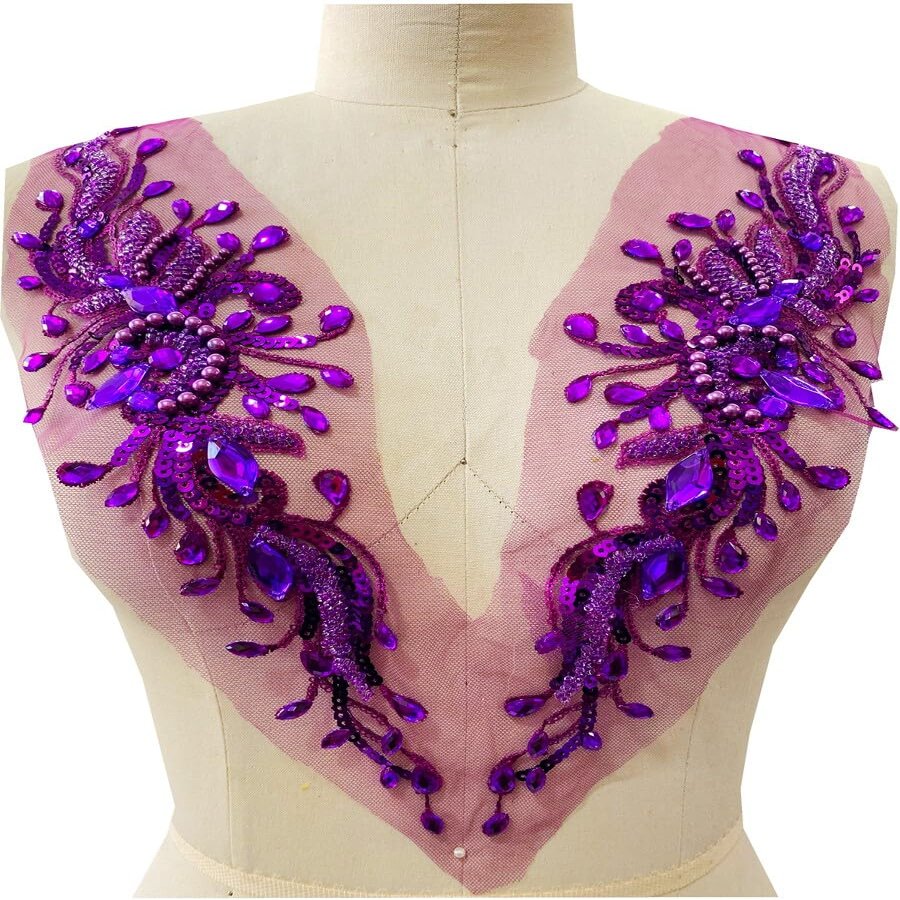 HangFuture Multicolour Heavy-Beading Hand-Sewn Drill Mesh Sequins Embroidery Lace Clothing Accessories (4.72 * 15.35IN)(Purple)