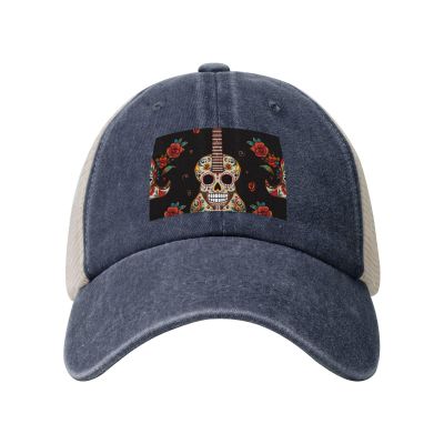 Snapback Trucker Hats Guitar Pepper Sugar Skull Cowboy Baseball Caps Adjustable Blank Mesh Ball Caps for Men Women Navy Blue