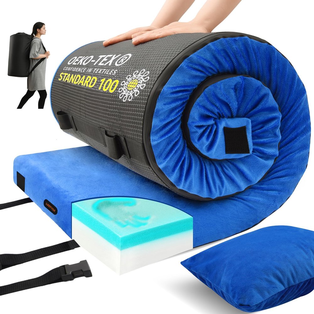 Lxotvae Memory Foam Camping Mattress pad, Comfortable Thick Floor Sleeping Mat for Adults with Waterproof and Non-Slip Bottom, Portable Roll Up Mattress for Sleepover Guest,Cot Mad for Car Camping