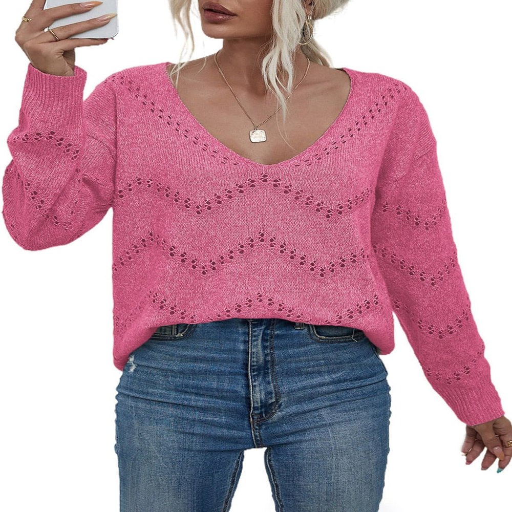 EVALESS Womens Fashion Sweaters for Women Fall Outfits Business Casual Clothes Lightweight Sweaters 2025 Trendy Crochet Knit Top for Summer Pink Pullover Sweater,X-Large