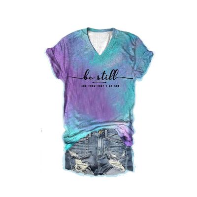 MOGUI Be Still and Know Shirt Be Still and Know Tee Shirt Tie Dye Shirt Women Casual V-Neck Tee Funny Graphic Top Sky, 5X-Large