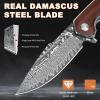 AUBEY Damascus Pocket Knife with Clip, Damascus Steel Blade Folding Knives with Ball Bearing, EDC Knife for Outdoor Camping Collection (Wooden Handle) view 3