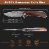 AUBEY Damascus Pocket Knife with Clip, Damascus Steel Blade Folding Knives with Ball Bearing, EDC Knife for Outdoor Camping Collection (Wooden Handle) view 4