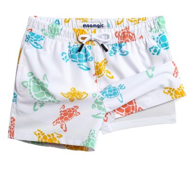 maamgic Boys Swim Trunks with Compression Liner Toddler Stretch Swim Shorts Quick Dry Swimming Trunks Boxer Brief 2 in 1 Beach Shorts White Colorful Turtles 8