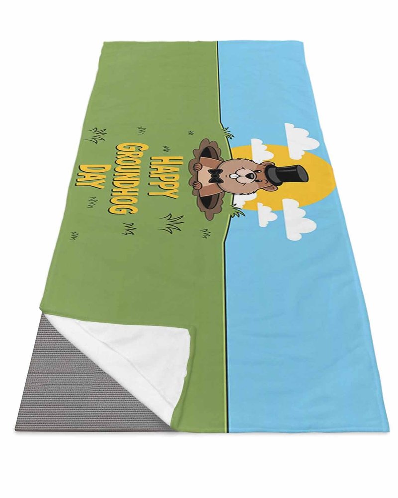 Futuregrace Yoga Towel with Corner Pockets Happy Groundhog Day Funny Groundhog Sweat Absorbent Lightweight Hot Yoga Towels 26"x70" Soft Yoga Blanket for Gym Fitness Workout