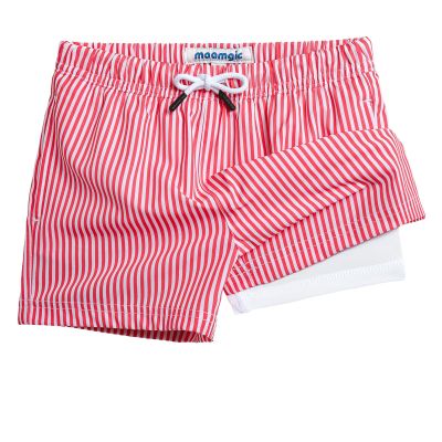maamgic Boys Swim Trunks with Compression Liner Toddler Stretch Swim Shorts Quick Dry Swimming Trunks Boxer Brief 2 in 1 Beach Shorts Red Stripe 5/6
