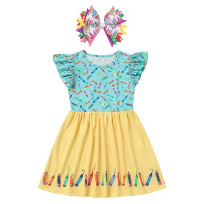 ABAFIP Girls Back to School Outfits Toddler Flutter Sleeve Pencil Letters Print Casual Dress with Hair Clip First Day of School Outfits Light Blue 6-7 Years