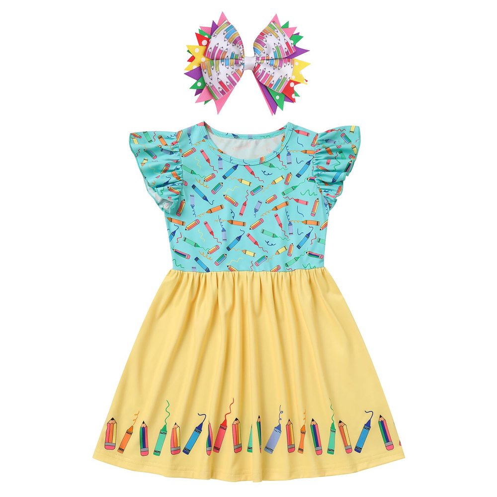 ABAFIP Girls Back to School Outfits Toddler Flutter Sleeve Pencil Letters Print Casual Dress with Hair Clip First Day of School Outfits Light Blue 6-7 Years