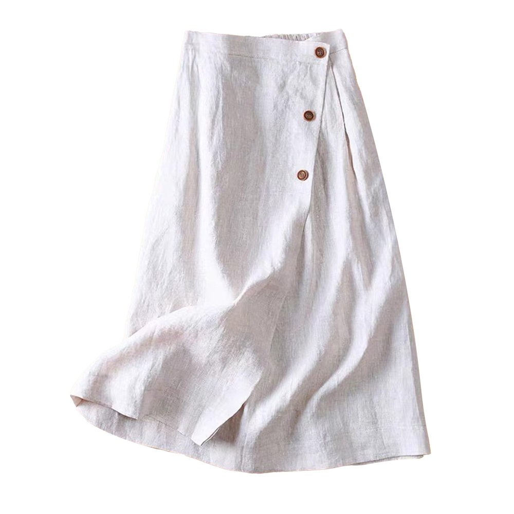 Generic Women's Cotton Linen Front Button A-Line Skirt Casual High Waist Flared Pleated Skirt Vintage Swing Midi Skirt (Large,White)