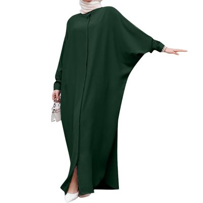 ABEHIK Women Abayas Dress Full Cover Dubai Kaftan Muslim Batwing Sleeve Prayer Long Maxi Dresses Middle East Pakistani Casual Dress Ramadan Islamic Clothes Dark Green One Size