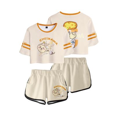 ISaikoy 2 Piece Outfits Anime Chiikawa Short Sleeve Crop Top and Short Pants Sets Hachiware T-Shirt