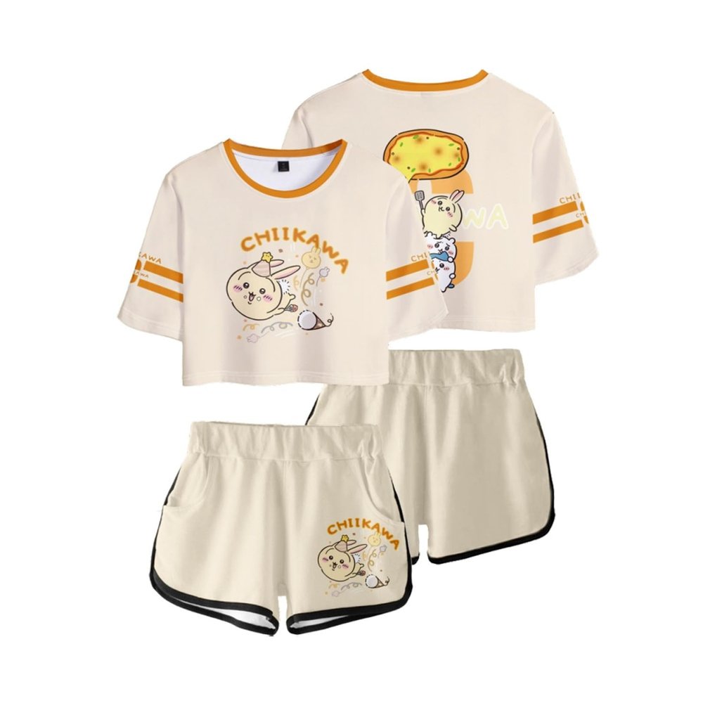 ISaikoy 2 Piece Outfits Anime Chiikawa Short Sleeve Crop Top and Short Pants Sets Hachiware T-Shirt