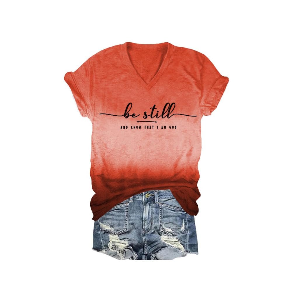 MOGUI Be Still and Know Shirt Plus Size Be Still and Know Shirt Plus Faith Tshirts for Women Casual V-Neck Tee Funny Graphic Top Red, 4X-Large
