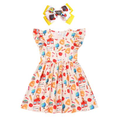 ABAFIP Girls Back to School Outfits Toddler Flutter Sleeve Pencil Letters Print Casual Dress with Hair Clip First Day of School Outfits Apricot 5-6 Years