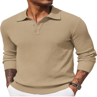 COOFANDY Mens Knit Polo Shirts Long Sleeve Casual Polo Sweaters Shirt Waffle Textured Collared Sweater Khaki