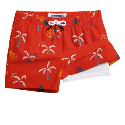maamgic Boys Swim Trunks with Compression Liner Toddler Stretch Swim Shorts Quick Dry Swimming Trunks Boxer Brief 2 in 1 Beach Shorts Red Pineapple 8