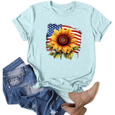 4th of July Graphic Tees for Women, American Flag Crewneck Short Sleeve Summer Tops Casual Loose USA Patriotic Cotton Tshirts Independence Day Festival Oufits Light Blue XX-Large
