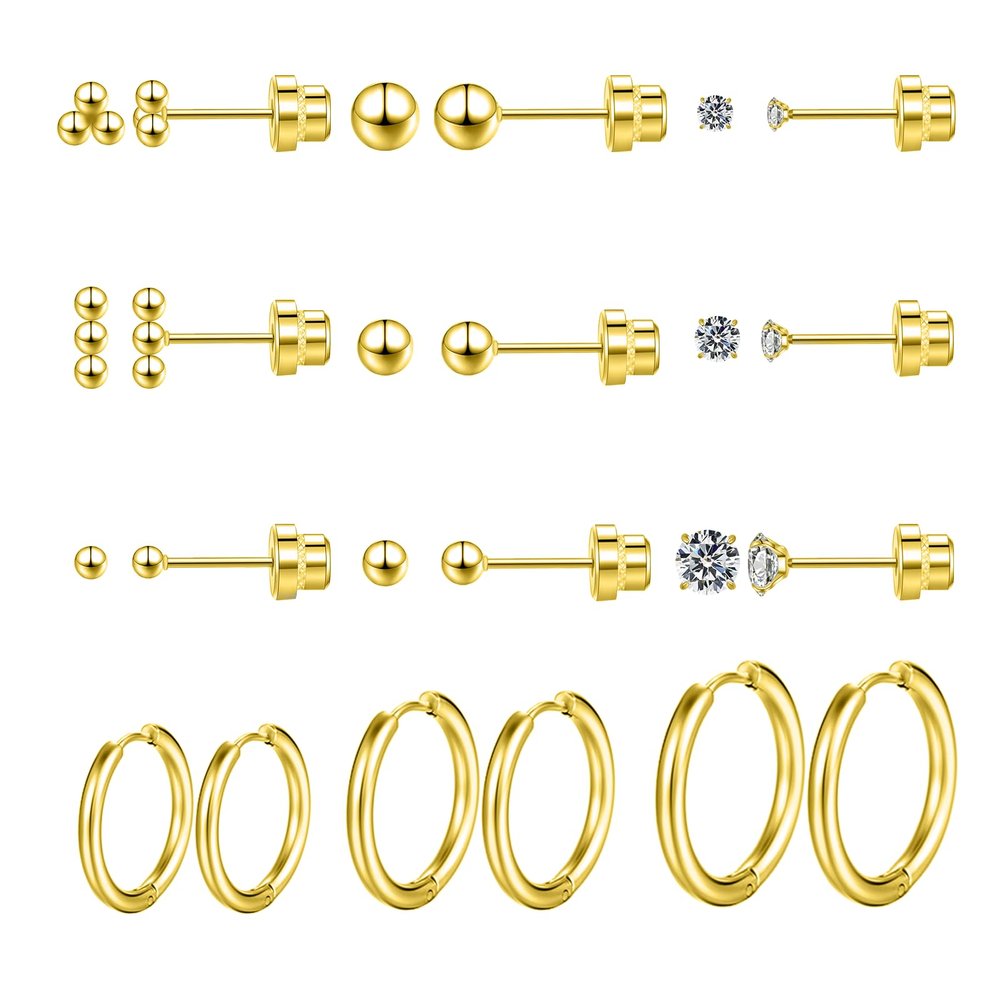 12 Pairs Surgical Steel Earrings Sets for Multiple Piercing Gold Earrings Stack
