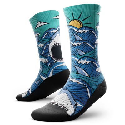 Outway Novelty Crew Socks for Men & Women, Breathable, Moisture-Wicking Athletic Calf Sock with Arch Support, Polyester & Spandex Blend, Colorful, Wild Life, Jaws, M-L