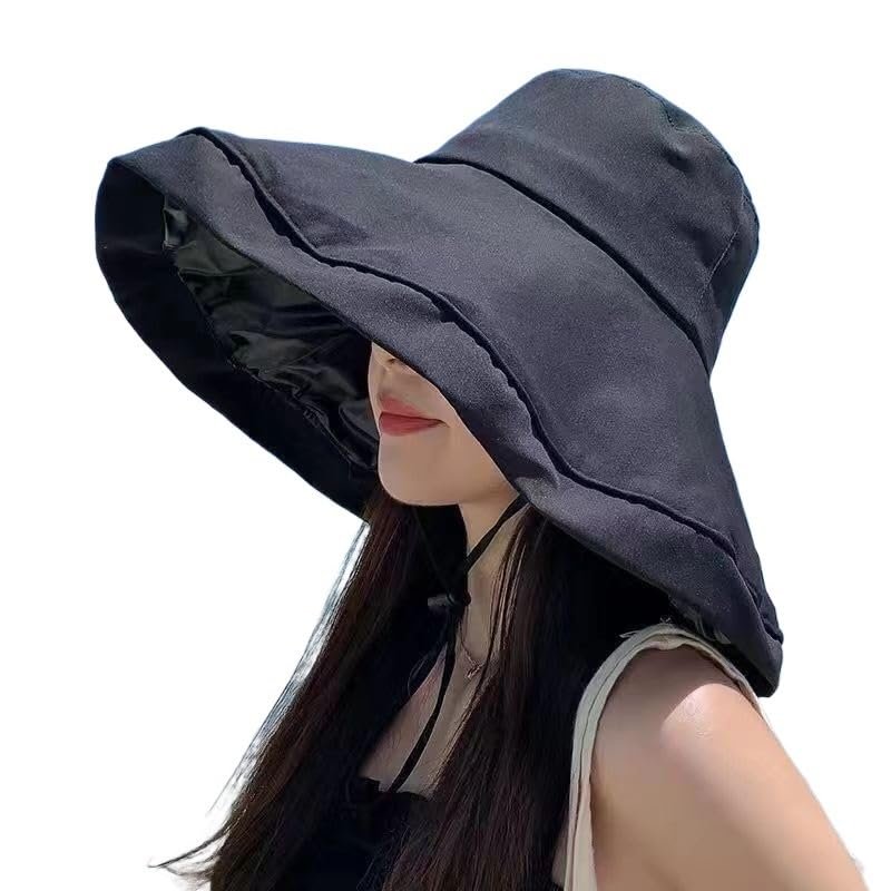 ZIIVIEVS Summer Fisherman hat, Women's Large Brimmed Black Rubber Sunscreen hat, Sun Shading and Sunscreen hat, Foldable(Color:Black)